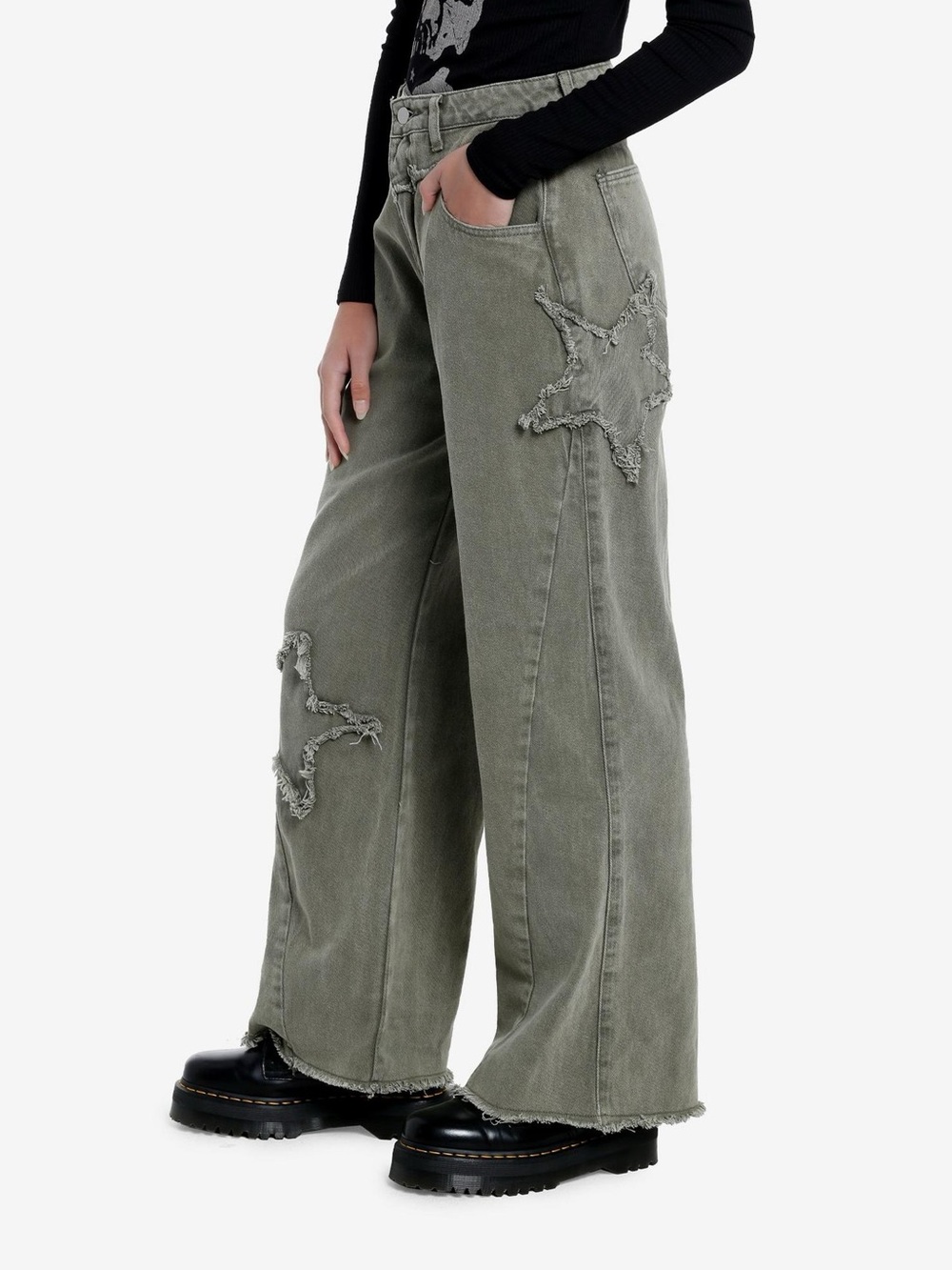 Hot Topic Green Distressed Star Wide Leg Pants Small Grunge
